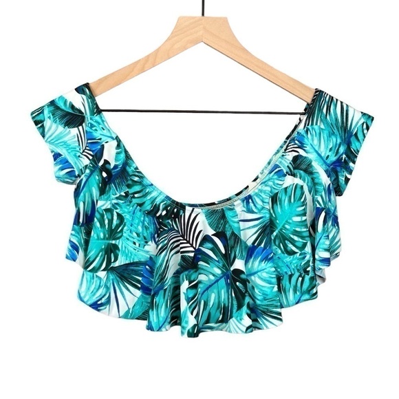 No Boundries Juniors Bikini Top Tropical Ruffle Blue Off-the-Shoulder Size-XS - Picture 3 of 7